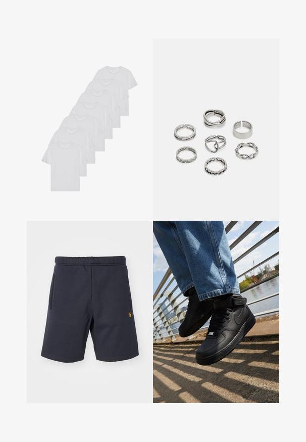 Camisetas de algodón blancas, de manga corta, con diseño de cuello redondo, textura lisa, apiladas en una fila, con un sutil logo en el cuello.; Pantalones cortos de algodón azul marino con cintura elástica, dos bolsillos laterales y un pequeño logo en la pierna izquierda. Textura suave.; Zapatillas Nike Air Force 1 negras con parte superior de cuero, lengua de malla y suela de goma, que presentan un diseño de caña alta y cordones gruesos.; Conjunto de siete anillos de plata con diversos diseños, incluidos patrones retorcidos, enlazados y grabados. Diferentes formas y anchos.