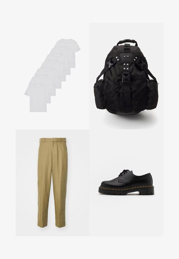 Weiße Baumwoll-T-Shirts, kurze Ärmel, Rundhals-Design, schlichte Textur, in einer Reihe gestapelt, mit dezentem Branding am Hals.; Beige Hosen aus strukturiertem Stoff, mit geradem Bein, Gürtelschlaufen und vorderen Falten.; Schwarze Leder Schnürschuhe mit runder Spitze, strukturiertem Gummisohle und gelben Nähten um den Rand. Flaches Design und glatte Oberfläche.; Schwarzer Outdoor-Rucksack mit gepolsterten Trägern, mehreren Taschen und metallischen Akzenten. Ausgestattet mit einem strapazierfähigen Stoff und Netzseitentaschen.