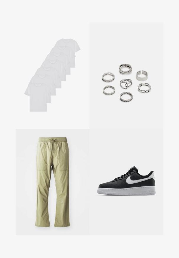 T-shirts brancos de algodão, mangas curtas, design de gola redonda, com textura lisa, empilhados em fila, com uma marcação subtil na gola.; Calças cargo leves em verde-oliva, com cintura ajustável por cordão, dois bolsos frontais e um corte descontraído. Tecido de algodão suave, design de perna reta.; Sapatilha de pele preta com superfície texturizada, swoosh branco da Nike, sola cinza, bico redondo e design com atacadores. Apresenta perfurações na caixa dos dedos.; Conjunto de sete anéis de prata com vários designs, incluindo padrões torcidos, entrelaçados e gravados. Diferentes formas e larguras.