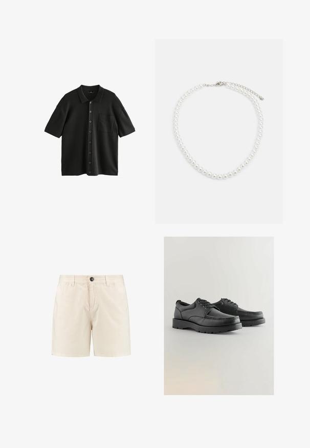 Zwarte polo met korte mouwen van gestructureerde stof, met een knoopsluiting aan de voorkant en een borstzak. De knopen zijn donker en glanzend.; Beige katoenen shorts met een knoopsluiting, elastische tailleband en zijzakken. Eenvoudig ontwerp met een rechte snit en zonder zichtbare patronen.; Zwarte leren schoenen met een gestructureerde bovenkant, ronde neus, vetersluiting en dikke rubberen zolen met een patroon.; Witte parelketting met een uniforme ronde vorm, gladde oppervlakte en een metalen sluiting met een uitbreidingsketting voor verstelbare lengte.