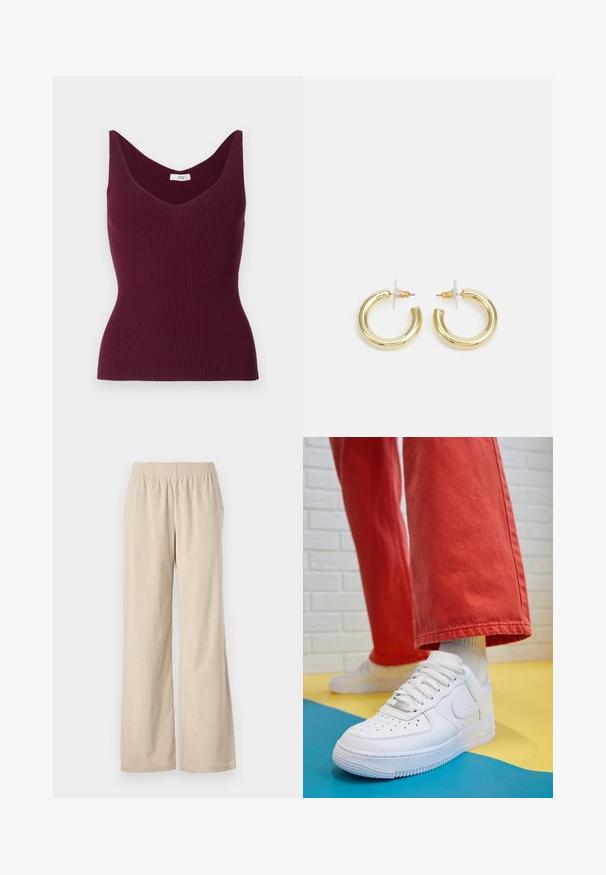 Burgundy ribbed tank top with a V-neck and wide shoulder straps, featuring a fitted silhouette and subtle texture. Label reads "JDY."; Beige corduroy wide-leg pants with an elastic waistband and vertical ribbed texture, featuring a hem that gently flares at the bottom.; White leather sneaker with perforated toe box, textured sole, and white laces, paired with wide red pants and a blue and yellow background.; Gold hoop earrings with a smooth, shiny finish. Circular design featuring a small post and clear backing for secure wear.