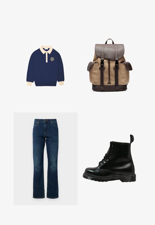 Tmavě modrá polo košile s dlouhými rukávy a béžovým límcem a manžetami, s kulatým emblémem s textem na levé hrudi.; Modré džíny s rozšířenými nohavicemi mají středně vysoký pas, pět kapes a mírně vybledlý vzor na nohách. Zapínání má kovový knoflík.; Černá kožená bota s kulatou špičkou, šněrovacím designem, šesti očky a texturovanou gumovou podrážkou. Obsahuje poutko na zadní straně.; Plátěný batoh v béžové barvě s hnědými koženými akcenty. Má vrchní klopu, nastavitelné popruhy a dvě boční kapsy. Obdélníkový tvar, pevná konstrukce.