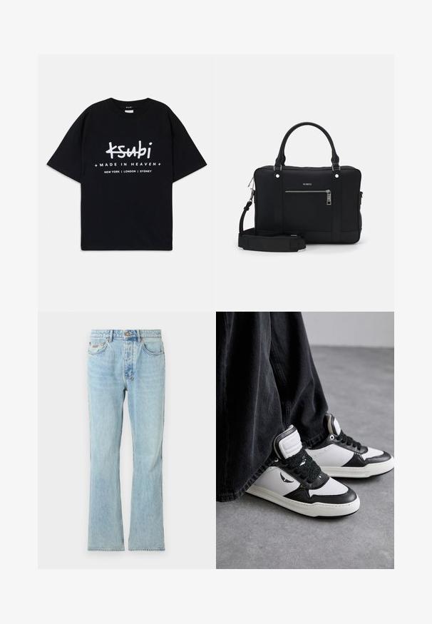 Černé bavlněné tričko s volným střihem. Obsahuje bílé grafické nápisy "ksubi" a "MADE IN HEAVEN" s názvy měst níže. Klasický design s kulatým výstřihem.; Světle modré džínové kalhoty se střihnutím rovného nohu, klasickým pětipocket designem, jemným praním a kovovým knoflíkem na zavírání v pase.; Černobílé vysoké tenisky s texturovaným černým šněrováním, vyrobené z kůže a syntetického materiálu, s logem na boku.; Černá syntetická taška přes rameno s dvěma uchy, odnímatelným ramenním popruhem, přední kapsou na zip a stříbrnými kovovými detaily.