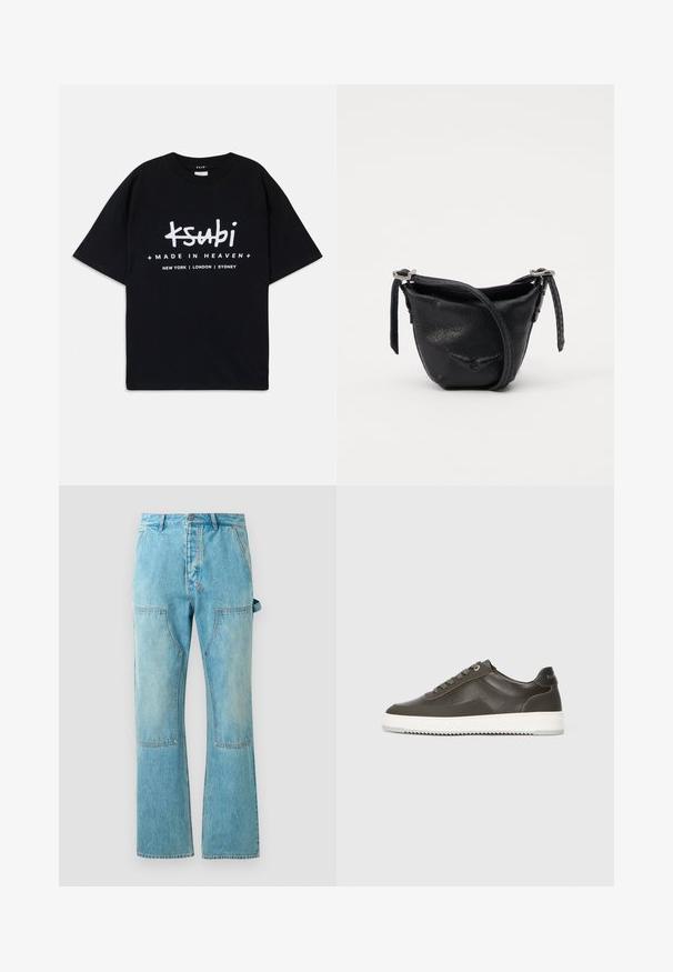 Svart bomull t-skjorte med avslappet passform. Har hvit grafisk tekst "ksubi" og "MADE IN HEAVEN" med bynavn nedenfor. Klassisk rund hals-design.; Lyse blå denim jeans med flare ben, som har kontrasterende lappete paneler, frontlommer og knappelukking i midjen.; Mørk grå lær-sneaker med en jevn tekstur, hvit gummisåle, flate lisser, og en subtil logo på hælen. Lave design.; Svart lærpung med buet design, justerbar stropp og sydd detaljer. Har en teksturert overflate og metallisk sølvfarge.