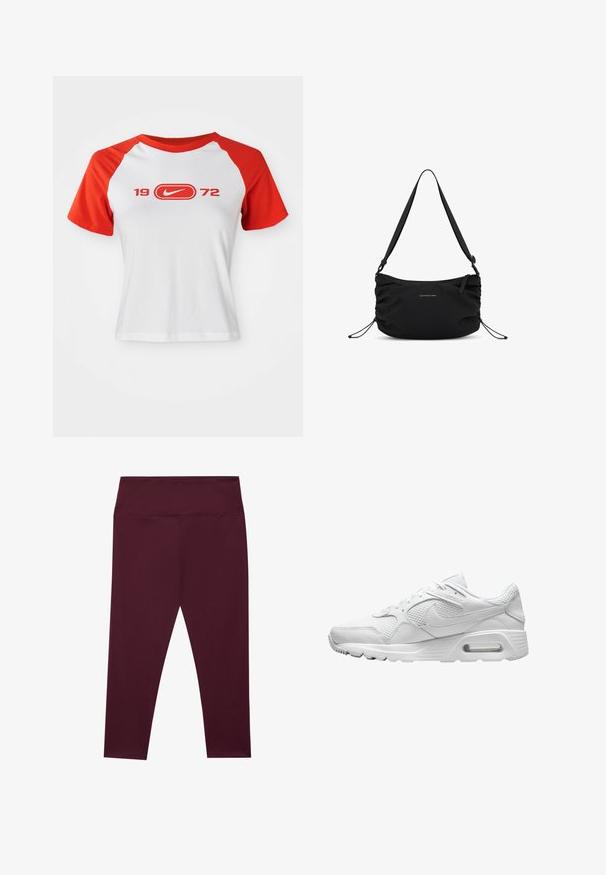Nike T-shirt met een witte body en rode raglanmouwen. Heeft "1972" en een logo in het rood over de borst. Gemaakt van glad jersey-stof.; Bordeaux leggings met een hoge tailleband, gemaakt van een gladde, rekbare stof. Heeft een naadloos ontwerp zonder externe zakken.; Witte sportschoenen met een gestructureerde mesh bovenkant, leren accenten en een zichtbare luchtkusseneenheid in de zool. Voorzien van contrasterende veters.; Zwarte nylon schoudertas met verstelbare schouderriem, geplooide zijkanten, ritsluiting en logo-detail. Gladde textuur en minimalistisch ontwerp.