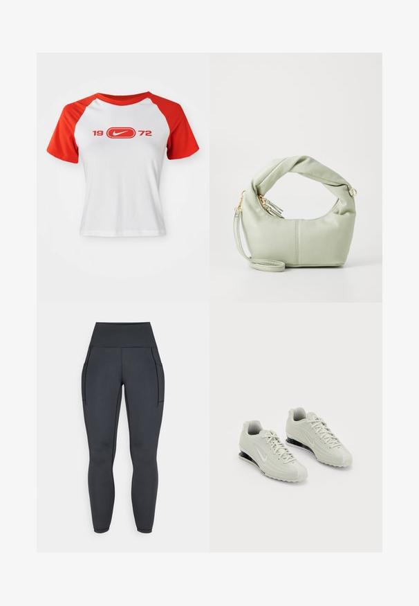 Nike póló fehér alappal és piros raglán ujjal. Elöl piros "1972" és egy logó található a mellkason. Simaságot biztosító jersey anyagból készült.; Magas derekú, fekete leggings, rugalmas, sima anyagból. Két oldalsó zsebből és kontrasztos varrásból áll a varratok mentén.; Fehér Nike sportcipők struktúrált felsőrésszel, sima orral és fekete párnázott részletekkel. Fűzős kialakítás, megerősített sarokkal.; Zöld műbőr kézitáska csavart fogantyúval, arany kiegészítőkkel és levehető pánttal. Lekerekített formájú, sima textúrával és varrás részletezéssel.