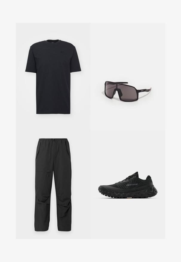 Zwarte katoenen t-shirt met korte mouwen en ronde hals, met een subtiele logo-accent op de borst en een relaxte pasvorm.; Zwart, lichtgewicht broek met een elastische tailleband, zijzakken en een relaxed fit. Soepele structuur, geen zichtbare patronen of accenten.; Zwarte sportieve schoenen met een gestructureerde bovenkant, versterkte hiel, gebogen zool en een agressief profiel voor grip. Opvallend golvend ontwerpelement.; Zwarte rechthoekige zonnebril met donkere lenzen, brede montuur en slanke zwarte armen. Heeft een logo op de tempels. Glad oppervlak.