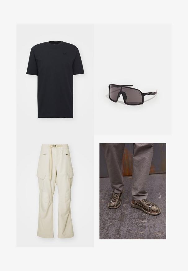 Svart bomullst-shirt med kort ärm och rund halsringning, med en diskret logotypaccent på bröstet och en avslappnad passform.; Ljusbeige cargobyxor med vida ben, bälte i midjan, två sidofickor och knäskydd. Slät textur med förstärkta sömnadsdetaljer.; Beiga vävda sandaler med tjocka sulor, som har ett intrikat snörmönster och vita accentdetaljer, i kombination med grå rutiga byxor.; Svarta rektangulära solglasögon med mörka linser, breda bågar och smala svarta skalmar. Har en logotyp på skalmarna. Slät yta.