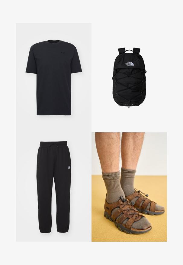 Black cotton short-sleeve t-shirt with crew neckline, featuring a subtle logo accent on the chest and a relaxed fit.; Black sweatpants made of soft fabric, featuring an elastic waistband with drawstring, cuffed ankles, and a small logo on the upper thigh.; Brown and gray outdoor shoes with elastic lace system, rubber soles, and textured materials, worn with olive green ribbed socks.; Black backpack with zippered main compartment, elastic bungee cord design, padded straps, and a logo on the front; made of durable fabric.