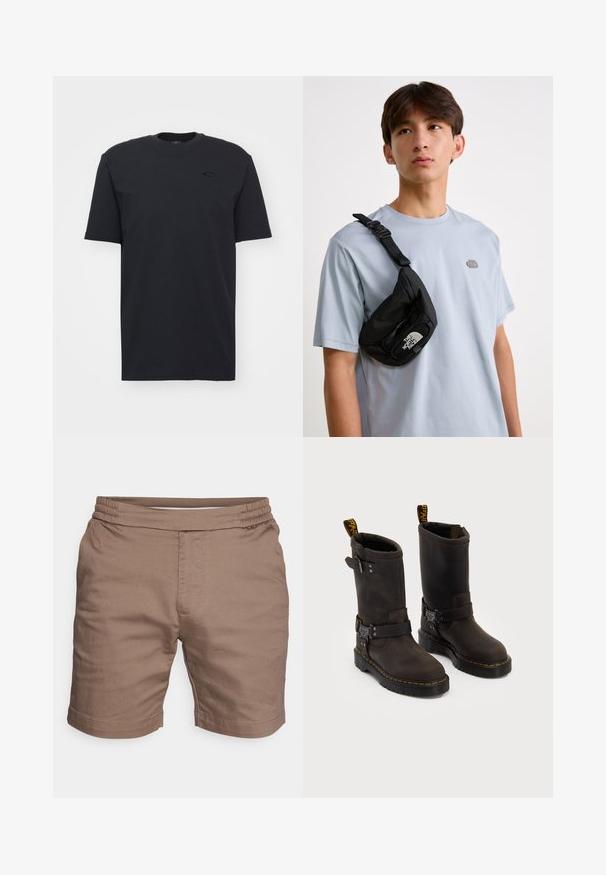 Black cotton short-sleeve t-shirt with crew neckline, featuring a subtle logo accent on the chest and a relaxed fit.; Brown shorts made from lightweight fabric, featuring an elastic waistband, flat front, and hemmed cuffs with a smooth texture.; Dark brown leather boots with a mid-calf design, yellow stitching, adjustable buckle straps, and pull tabs on the top. Textured finish.; Black nylon crossbody bag with adjustable strap, featuring a prominent white logo. Worn over a light blue t-shirt. Simple, functional design.