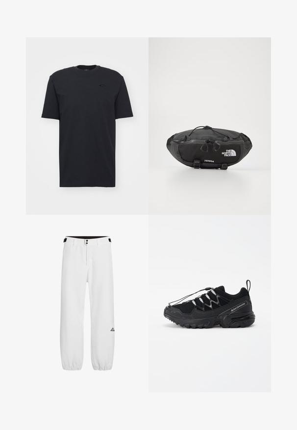 Black cotton short-sleeve t-shirt with crew neckline, featuring a subtle logo accent on the chest and a relaxed fit.; White pants with a fitted waist, two metallic buttons, and elastic cuffs. Features a triangle logo on the left leg. Smooth fabric texture.; Black running shoes with mesh upper, reflective accents, and elastic laces. Features a rugged sole with traction patterns for stability.; The North Face TERRA LUMBAR 3L UNISEX - Bum bag - asphalt grey/black