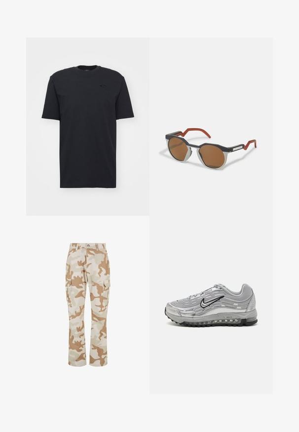 Svart bomulls t-skjorte med korte ermer og rund hals, med en subtil logo-akse på brystet og en avslappet passform.; Beige kamuflasje cargobukser med sidelommer, laget av stoff med glatt tekstur, med en rett bein design og knappelukking.; Grå Nike Air Max sneakers med øvre del i mesh og syntetisk materiale, bølgelignende design, svarte detaljer og en synlig luftdemping enhet.; Solbriller med en kantete svart og hvit ramme, brune linser og røde sikksakk-formede bøyler. Har et dristig geometrisk design.