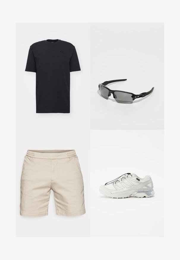 Fekete pamut, rövid ujjú póló, kerek nyakkal, finom logóval a mellrészen és laza fazonnal.; Beige színű, könnyű anyagból készült sportnadrág, elasztikus derékpánttal, oldalsó varrással, és egyenes szabással, amely a térd felett végződik.; Fehér sportcipő strukturált hálós felsőrésszel, fényvisszaverő részletekkel és párnázott talppal. Rugalmas fűzőkkel és szürke díszítéssel rendelkezik.; Fekete sport napszemüveg szürke lencsékkel, ívelt keret kialakítással és logóval az oldalon. Könnyű műanyagból készült.