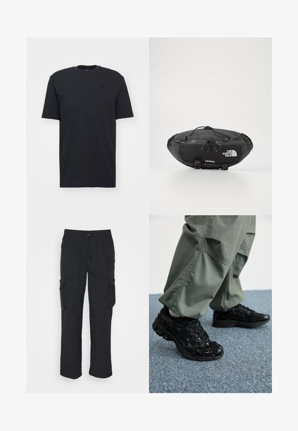 Czarna bawełniana koszulka z krótkim rękawem o okrągłym dekolcie, z subtelnym akcentem logo na klatce piersiowej i luźnym krojem.; Czarne spodnie cargo wykonane z tkaniny tkanej. Posiadają regulowany pas, boczne kieszenie oraz dwie kieszenie robocze z zamkami błyskawicznymi.; Czarne sportowe sneakersy z błyszczącą i siateczkową teksturą, z grubą podeszwą i sznurowadłami, w połączeniu z luźnymi oliwkowymi spodniami cargo.; The North Face UNISEX szary
