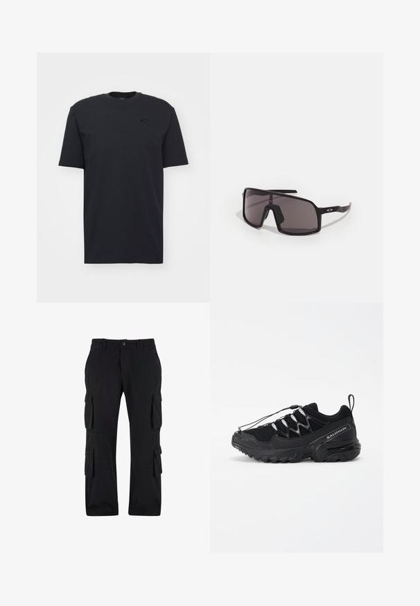Black cotton short-sleeve t-shirt with crew neckline, featuring a subtle logo accent on the chest and a relaxed fit.; Black cargo pants made of cotton fabric, featuring multiple side pockets, a relaxed fit, and a straight leg design.; Black running shoes with mesh upper, reflective accents, and elastic laces. Features a rugged sole with traction patterns for stability.; Black rectangular sunglasses with dark lenses, wide frame, and slender black arms. Features a logo on the temples. Smooth texture.