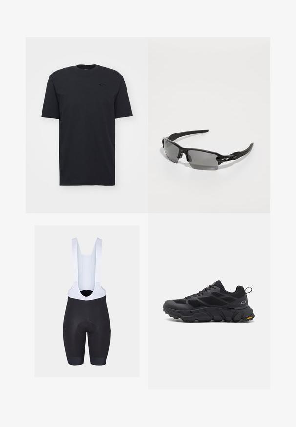 Melna kokvilnas T-kreklu ar īsām piedurknēm un apļa kakla izgriezumu, ar diskrētu logotipa akcentu uz krūšu daļas un brīvu piegriezumu.; Melni bikses ar baltām siksnām, ar ievilkto sēdvietu un elastīgajiem piedurknēm. Gluda tekstūra ar zīmola logo detaļām uz siksnām.; Melnas sporta kurpes ar biezām zolēm, sieta un sintētiska augšdaļa, teksturēti akcenti un Vibram zīmols uz ārējās zoles.; Melnas sporta saulesbrilles ar pelēkiem objektīviem, izliekta rāmja dizains un logo detaļa sānos. Izgatavotas no viegla plastmasas materiāla.