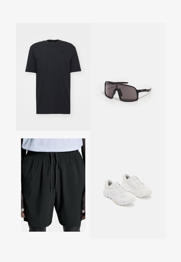 Melna kokvilnas T-kreklu ar īsām piedurknēm un apļa kakla izgriezumu, ar diskrētu logotipa akcentu uz krūšu daļas un brīvu piegriezumu.; Melni sporta šorti ar elastīgu jostu un aukliņu. Iezīmē gludu tekstūru un sānu kabatas, pielāgoti komfortam un kustības brīvībai.; Baltas sporta apavi ar sietu augšdaļu, pastiprinātu purngalu, biezu mīkstu zoli un teksturētu zoli labākai saķerei.; Melnas taisnstūra formas saulesbrilles ar tumšajiem stikliem, platais rāmis un slaidās melnās kājas. Uz tempļiem ir redzams logotips. Gluda tekstūra.