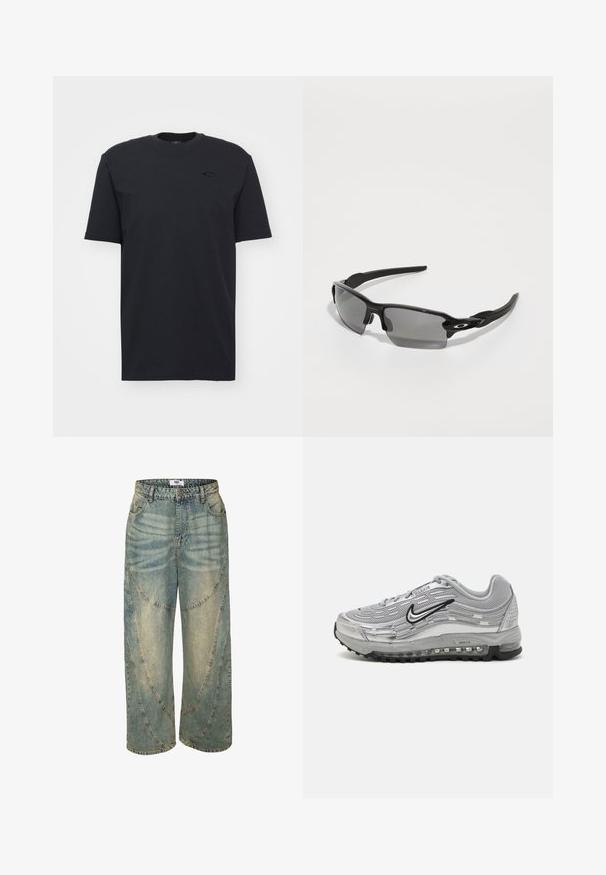 T-shirt nera in cotone a maniche corte con scollatura rotonda, caratterizzata da un sottile dettaglio logo sul petto e una vestibilità rilassata.; Jeans a gamba larga di colore azzurro chiaro con vita alta, caratterizzati da dettagli con cuciture curve e orli rifiniti. Realizzati in denim con macchie sbiadite.; Sneaker Nike Air Max grigie con parte superiore in rete e materiale sintetico, design ondulato, accenti neri e un'unità di ammortizzazione visibile.; Occhiali da sole sportivi neri con lenti grigie, design del telaio curvo e dettaglio con logo sul lato. Realizzati in materiale plastico leggero.