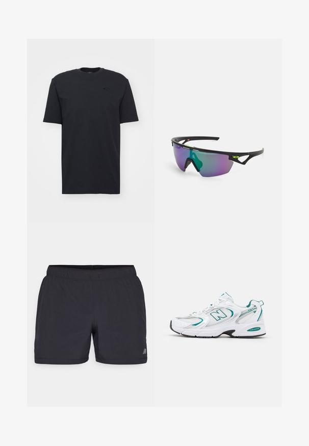 Svart bomullst-shirt med kort ärm och rund halsringning, med en diskret logotypaccent på bröstet och en avslappnad passform.; Svarta träningsshorts med elastisk midja, lättviktig tyg och en diskret logotyp på nedre vänstra sidan. Slät textur.; Vit sportskor med mesh- och syntetpanelen, turkosa accenter, rund tå, snörning framtill och svart gummisula.; Sportiga solglasögon med svart ram, stora gradientlinser som har lila och gröna nyanser, samt vinkelräta designaccenter med logotypdetalj.