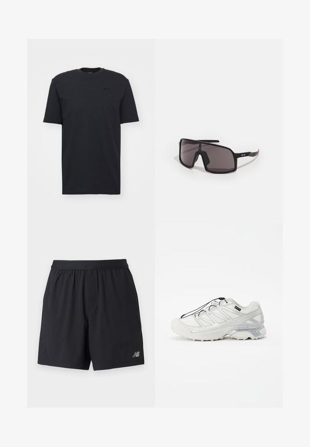 Mustaselkäinen puuvillainen t-paita, jossa on lyhyet hihat ja pyöreä pääntie. Paitassa on hillitty logo-aksentti rinnassa ja se on rento malli.; Mustat urheilushortsit, jotka on valmistettu kevyestä kankaasta. Niissä on joustava vyötärö, sivutaskut ja heijastava logo oikeassa alakulmassa.; Valkoiset urheilukengät, joissa on teksturoitu verkko-osa, heijastavat yksityiskohdat ja pehmustettu pohja. Varustettu joustavilla nauhoilla ja harmailla yksityiskohdilla.; Mustat suorakulmaiset aurinkolasit tummilla linsseillä, leveällä kehykellä ja hoikilla mustilla varsilla. Temppeleissä logo. Sujuva pinta.