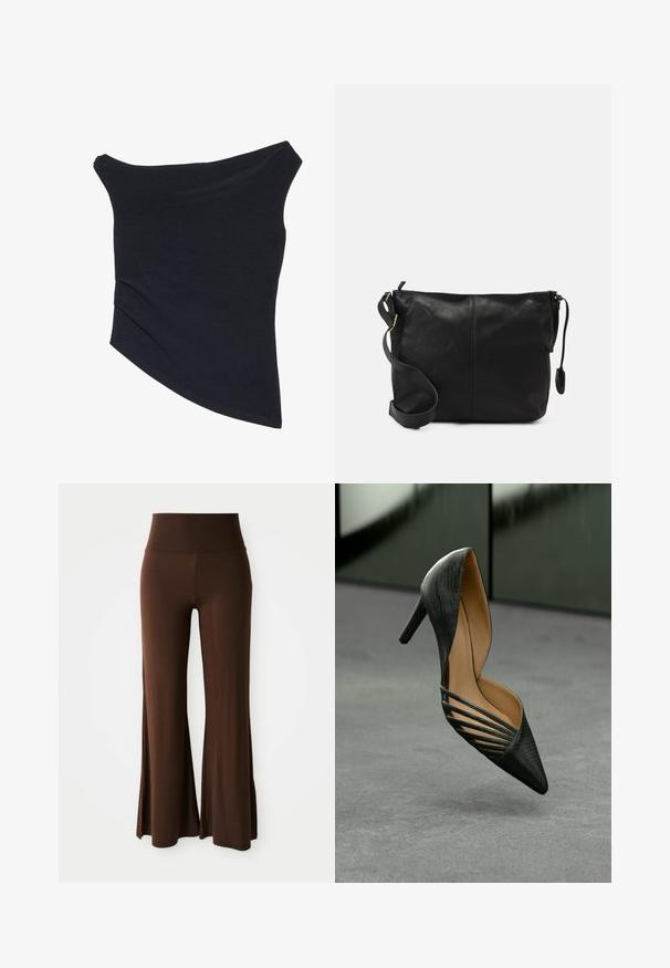 Schwarzes, schulterfreies Oberteil mit einer figurschmeichelnden Passform, asymmetrischem Saum und weicher, glatter Textur. Es verfügt über gerafften Stoff am Ausschnitt.; Hoch taillierte, weit geschnittene braune Hose mit glatter Textur, entworfen für einen lockeren Sitz und angenehmen Tragekomfort.; Schwarzer hoher Schuh mit spitzer Zehenpartie, strukturiertem Äußeren und markanten seitlichen Ausschnitten, vor einem neutralen Hintergrund präsentiert.; Schwarze Leder-Umhängetasche mit flacher Form, goldenen Hardware-Details und einem verstellbaren Tragegurt. Glatte Textur mit minimalen Nähten.