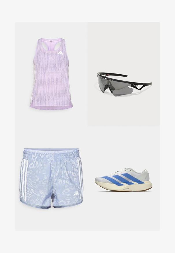 Lilla idrettstopp med mønstrete, teksturert stoff. Har utskårne sider og en liten hvit logo foran.; Lyseblå løpetights med en subtil leopardmønster, elastisk midje og tre hvite striper på hver side.; Hvit atletisk sko med blå striper, strukturert overdel, flat såle og "LIGHTSTRIKE PRO" merkevare på siden. Lavprofil design.; Sports solbriller med svart plastramme og grå tonede linser. Har et angulært design og utskjæringer på rammen for ventilasjon.