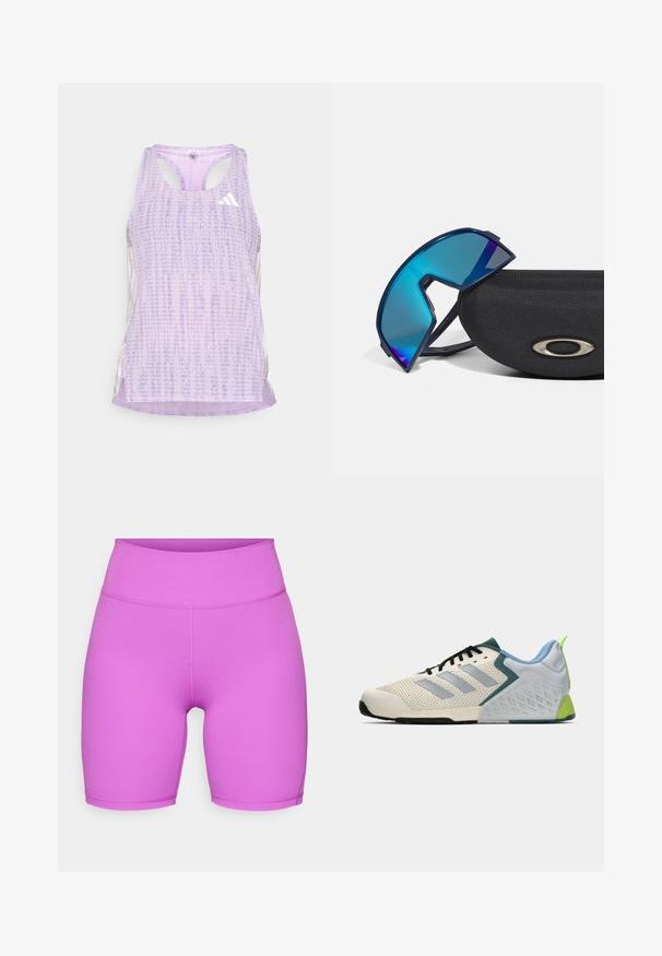 Paars sport tanktop van een gemusterde, gestructureerde stof. Heeft uitsparingen aan de zijkanten en een klein wit logo aan de voorkant.; adidas Performance ALL ME ESSENTIALS SHORT LEGGINGS - Tights - purple burst; Lichte atletiekschoenen met een crèmekleurige mesh bovenwerk, grijze strepen, een groene accent en een gestructureerde blauwe hielkap. Zwarte veters.; Blauw getinte wraparound zonnebril met een sportief ontwerp, rustend op een gestructureerde zwarte hoes met een metallic logo accent.