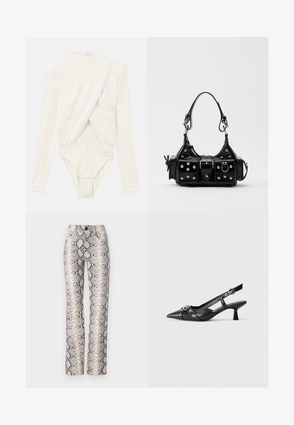 Bodysuit à manches longues en crème, avec un col montant, des fronces sur les côtés et une fermeture à snap en bas. Réalisé en tissu lisse et extensible.; Pantalons imprimé serpent dans une palette de couleurs beige et grise. Conception à jambe droite avec une finition texturée et des poches avant. Dotés d'une fermeture à bouton.; Chaussure slingback en cuir noir avec un bout pointu, des sangles décoratives avec œillets en métal et un petit talon carré. Surface texturée.; Sac à main en cuir noir au design courbé, avec des clous en argent, une boucle et deux poches latérales. Bandoulière réglable pour différentes options de transport.