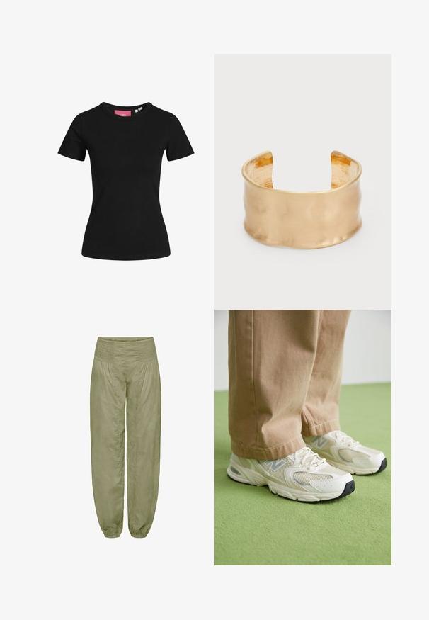 Fekete, rövid ujjú pamut póló. Klasszikus kerek nyakú dizájn, sima textúrával és testhezálló szabással.; Világos olívazöld, laza szabású nadrág, smockolt derékrésszel és elasztikus mandzsettával; puha, texturált anyagból készült.; Beige hálós és szintetikus sportcipők fehér talppal, fűzőkkel és szürke logós részlettel, zöld háttér előtt.; Aranyozott karkötő, sima, hullámos felülettel, textúrázott belső résszel és nyitott kialakítással, organikus formát létrehozva.