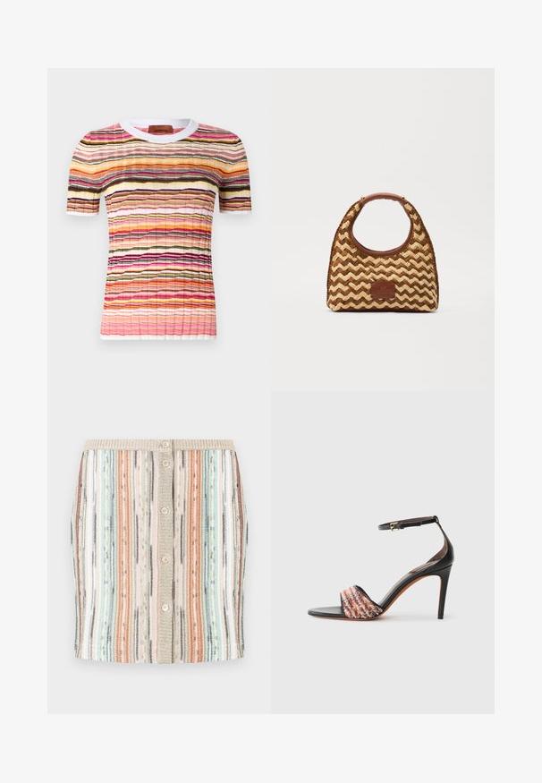 Daugiaspalvė trumpo rankovio megztinė su banguotais dryžiais rožinės, oranžinės, juodos ir geltonos spalvų. turi baltą ribotuvas apykaklę.; Juostuota megzta sijonas su pastelinių spalvų deriniu – mėtų žalios, koralinės ir smėlinės. Turi mygtukų priekį ir tekstūruotą liemenį.; Juodi kulniukai su užtrauktuku ant kulkšnies. Yra tekstūruota, daugiaspalvė audinio juosta per pirštus. Lygus odos paviršius.; Austas pintinis pintinis krepšys su zigzago raštu, rudas odinis imtuvėlis ir pagrindas, ir stačiakampė logotipo etikete priekyje.