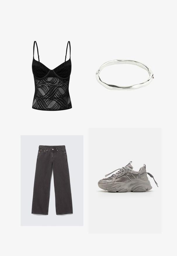 Schwarzer Spitzen-Bralette mit Unterwired-Cups, verstellbaren Trägern und einem transparenten Körper, der mit gewellten Mustern verziert ist.; Weite Jeans aus dunkelgrauem Denim. Merkmale sind eine hohe Taille, Kupferbeschläge und ein klassisches Five-Pocket-Design.; Chunky graue Sneaker mit einer strukturierten Mesh-Oberfläche, dicker Gummisohle und flachen Schnürsenkeln. Verfügt über einen gepolsterten Kragen und einen Fersenlasche für einen sicheren Sitz.; Silberner Metallarmreif mit einem wellenförmigen, unregelmäßigen Design. Glatte Oberfläche mit einer polierten Finish, die Licht reflektiert. Kreisform ohne auffällige Akzente.