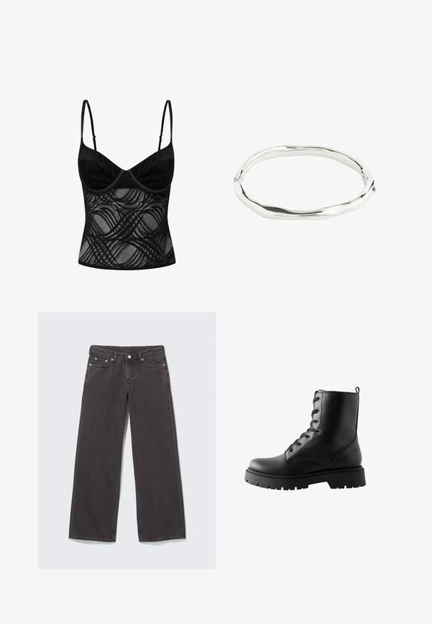 Svart spetsbralette med bygelkoppar, justerbara band och en genomskinlig kropp med vågig mönsterdetaljering genom hela.; Svart jeans i vid jeansmodell med kopparnitar, fem fickor och knappslutning. Mjuk och robust textur, med raka ben från midja till fåll.; Svart läderankelstövel med en strukturerad yta, sex metalöjer och snörning. Kraftig gummisula med ett svagt mönster.; Silversmycke med en vågig, oregelbunden design. Slät yta med en polerad finish som reflekterar ljus. Cirkulär form utan märkbara accentuerade detaljer.