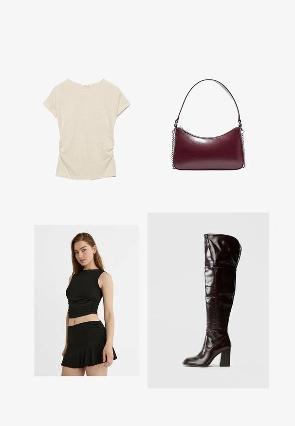 T-shirt beige a maniche corte con scollo rotondo e dettaglio arricciato sul lato sinistro, realizzato in tessuto leggero e morbido.; Completo nero a due pezzi composto da un top cropped senza maniche con arricciature e una mini gonna svasata, entrambi realizzati in un tessuto liscio ed elasticizzato.; Stivali in pelle bordeaux lucida fino al ginocchio, con punta quadrata e tacco a blocco, caratterizzati da un design morbido e dettagli di cuciture minime.; Borsa in pelle bordeaux con forma arrotondata, chiusura con zip e tracolla decorata da catena. Texture liscia con leggero effetto lucido.