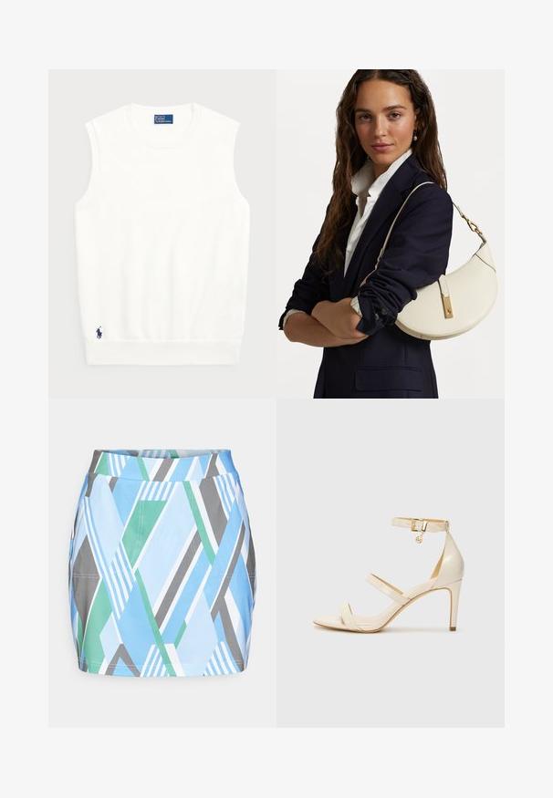 Valkoinen hihaton villapaita, joka on valmistettu sileästä puuvillasta. Siinä on ribattu helma ja pieni tummansininen logo vasemmassa alakulmassa. Yksinkertainen muotoilu, ei kuvioita.; Lyhyt, värikäs hame, jossa on geometrisia kuvioita sinisen, vihreän ja harmaan sävyissä. Hameessa on kapea vyötärö ja suora leikkuu.; Beige korkokengät, joissa on ohut nilkkaremm ja kaksi yläremmiä. Kiiltävä patenttiviimeistely ja kultaiset yksityiskohdat nilkkaremmin kohdalla.; Valkoinen nahkalaukku, jossa on kaareva muoto, kultaiset yksityiskohdat ja teksturoitu pinta, pukeutuneena tumman bleiserin ja valkoisen paidan päälle.