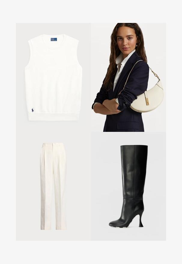 White sleeveless sweater made of smooth cotton, featuring a ribbed hem and a small navy logo on the bottom left. Simple design, no patterns.; Polo Ralph Lauren HEMP WIDE LEG PANT - Trousers - nevis; Black leather knee-high boot with a fitted shaft and pointed toe. Features a distinctive curved heel and smooth textured surface.; White leather handbag with a curved shape, gold hardware, and a textured finish, worn over a dark blazer and white shirt.
