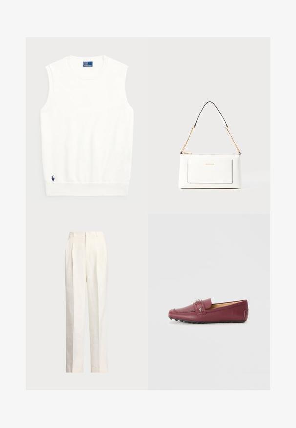 White sleeveless sweater made of smooth cotton, featuring a ribbed hem and a small navy logo on the bottom left. Simple design, no patterns.; Polo Ralph Lauren HEMP WIDE LEG PANT - Trousers - nevis; Burgundy leather loafers with a round toe, decorative strap, silver-toned hardware, and textured rubber sole for grip.; White leather handbag with a textured finish, featuring a gold chain strap and black accents. Includes a front pocket and zipper closure.