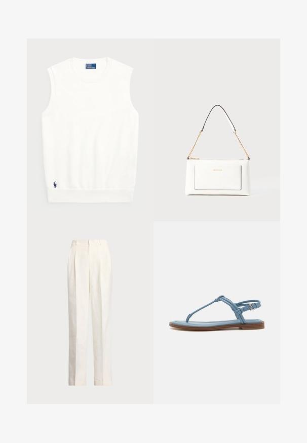 Witte mouwloze sweater van glad katoen, met een geribde onderrand en een klein marineblauwe logo op de linkeronderzijde. Eenvoudig ontwerp, geen patronen.; Polo Ralph Lauren HEMP WIDE LEG PANT - Broek - nevis; Blauwe leren teenslipper met een platte zool, voorzien van een slank bandjesontwerp en een gesp sluiting bij de enkel voor een veilige pasvorm.; Witte leren handtas met een textuurafwerking, voorzien van een gouden schouderhengsel en zwarte accenten. Inclusief een voorvak en ritssluiting.