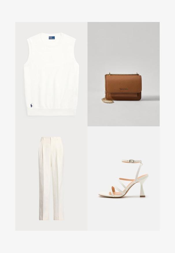 Fehér ujjatlan pulóver sima pamutból, bordás szegéllyel és kis sötétkék logóval a bal alsó részen. Egyszerű dizájn, minta nélkül.; Polo Ralph Lauren HEMP WIDE LEG PANT - Nadrágok - nevis; Fehér pántos, magas sarkú szandál bokapánttal, sima textúrával, négyzet alakú orral és formázott sarokkal. Világos bézs talpbetét.; Barna textúrájú bőr keresztbody táska arany lánc pánttal és fedélzárral. Az elején logó részlet és egy zseb található a fedél alatt.