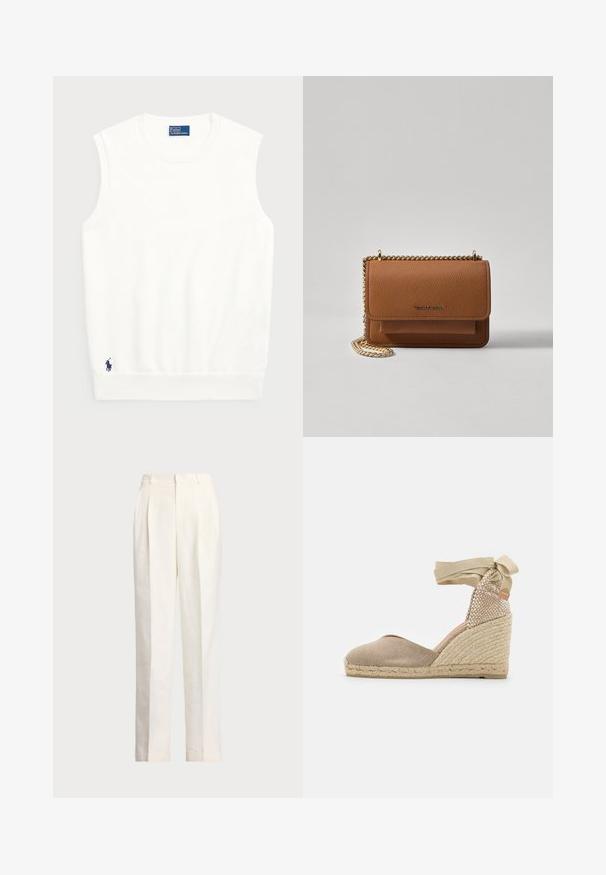 White sleeveless sweater made of smooth cotton, featuring a ribbed hem and a small navy logo on the bottom left. Simple design, no patterns.; Polo Ralph Lauren HEMP WIDE LEG PANT - Trousers - nevis; Beige espadrille wedge with a textured fabric upper, woven jute heel, and a ribbon tie at the ankle for secure fit.; Brown textured leather crossbody bag with gold chain strap and flap closure. Front features logo detail and a pocket under the flap.