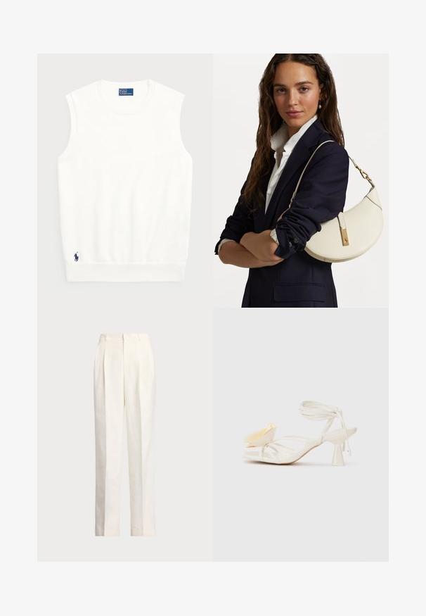 White sleeveless sweater made of smooth cotton, featuring a ribbed hem and a small navy logo on the bottom left. Simple design, no patterns.; Polo Ralph Lauren HEMP WIDE LEG PANT - Trousers - nevis; White strappy high-heeled sandal with a pointed toe. Features a decorative yellow petal accent and a slender ankle strap design.; White leather handbag with a curved shape, gold hardware, and a textured finish, worn over a dark blazer and white shirt.