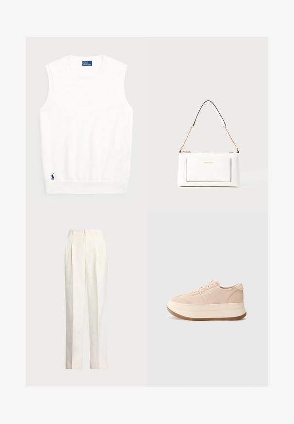 Valkoinen hihaton villapaita, joka on valmistettu sileästä puuvillasta. Siinä on ribattu helma ja pieni tummansininen logo vasemmassa alakulmassa. Yksinkertainen muotoilu, ei kuvioita.; Polo Ralph Lauren HEMP WIDE LEG PANT - Housut - nevis; Vaaleanpunaiset mokkanahkakengät, joissa on pyöreä kärki, nauhakiinnitys edessä ja korkea pohja. Varusteena teksturoidut korostukset ja erottuva kermaisen valkoinen kantapää.; Valkoinen nahkalaukku tekstuuripinnalla, jossa on kultaketjuolkaimet ja mustia yksityiskohtia. Mukana etutasku ja vetoketjusulku.