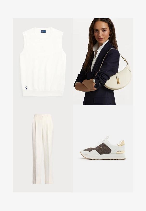 Valkoinen hihaton villapaita, joka on valmistettu sileästä puuvillasta. Siinä on ribattu helma ja pieni tummansininen logo vasemmassa alakulmassa. Yksinkertainen muotoilu, ei kuvioita.; Polo Ralph Lauren HEMP WIDE LEG PANT - Housut - nevis; Valkoiset lenkkarit, joissa on ruskeasta kuviollisesta kankaasta valmistettu paneeli, kultaiset yksityiskohdat, pyöreä kärki, nauhakiinnitys ja teksturoitu kumipohja.; Valkoinen nahkalaukku, jossa on kaareva muoto, kultaiset yksityiskohdat ja teksturoitu pinta, pukeutuneena tumman bleiserin ja valkoisen paidan päälle.