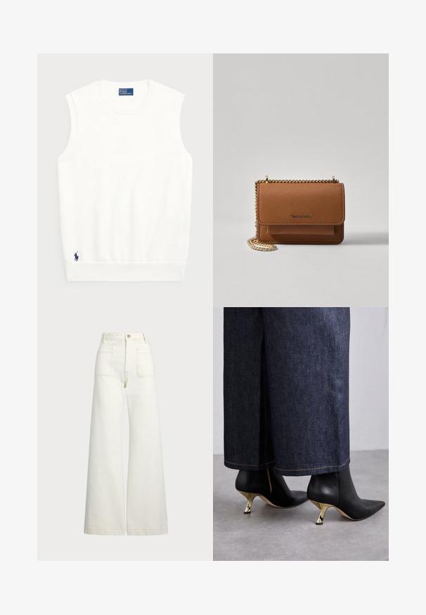 Maglione bianco senza maniche realizzato in cotone liscio, con orlo a coste e un piccolo logo blu navy in basso a sinistra. Design semplice, senza motivi.; Jeans a gamba larga in denim bianco sporco. Design a vita alta con chiusura a bottone, due tasche frontali e dettagli di cucitura a contrasto.; Stivali alla caviglia neri in pelle con punta affilata, dotati di tacchi a stiletto in tonalità oro. Indossati con jeans scuri, che mostrano un orlo pulito.; Borsa a tracolla in pelle marrone con texture, dotata di catena dorata e chiusura a pattina. Sul davanti presenta un dettaglio con logo e una tasca sotto la pattina.