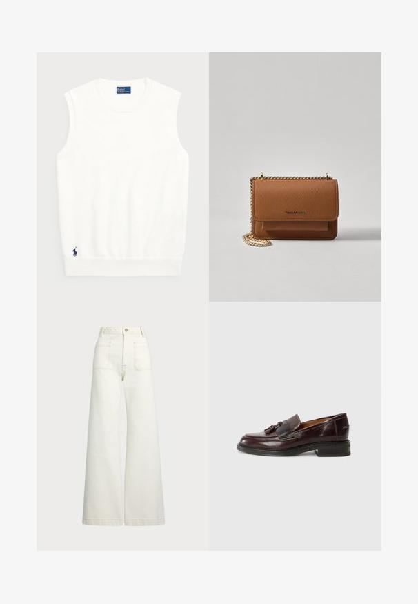 Maglione bianco senza maniche realizzato in cotone liscio, con orlo a coste e un piccolo logo blu navy in basso a sinistra. Design semplice, senza motivi.; Jeans a gamba larga in denim bianco sporco. Design a vita alta con chiusura a bottone, due tasche frontali e dettagli di cucitura a contrasto.; Mocassini in pelle marrone con un accentuato nappo, punta arrotondata, tacco basso a blocco e suola texturizzata. Finitura liscia con dettagli di cucitura discreti.; Borsa a tracolla in pelle marrone con texture, dotata di catena dorata e chiusura a pattina. Sul davanti presenta un dettaglio con logo e una tasca sotto la pattina.