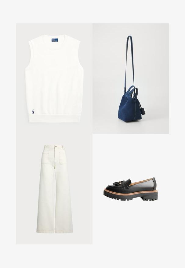 Balta be rankovių liemenė, pagaminta iš lygios medvilnės, su raukštu apvadu ir mažuoju tamsiai mėlynu logotipu apatiniame kairiajame kampe. Paprastas dizainas, be raštų.; Plati kojinės džinsai of white denimo. Aukštas liemuo, su mygtuko uždarymu, dviem priekinėmis kišenėmis ir kontrastingai siuvinėjimu.; Juodų odinių loaferių su apvalia nosimi, dekoratyvine kaspino detale ir masyviu juodu guminio pado su kontrastingais rudais siūlais.; Žydros suedenos rankinė, su struktūrine forma, dviem viršutinėmis rankenomis ir ilgu, reguliuojamu diržu. Yra kontrastingi siūlai ir šoninė etiketė.