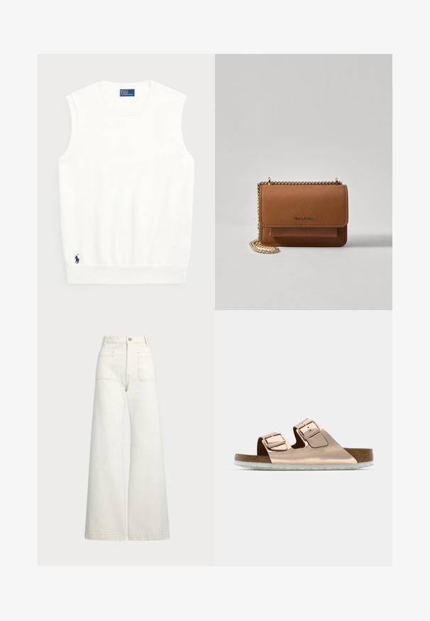 Balts bezpaliktņa džemperis, izgatavots no gludas kokvilnas, ar ribotu apmalīti un mazu tumši zilu logotipu apakšējā kreisajā stūrī. Vienkārša dizaina, bez rakstiem.; Platās kājas džinsi off-white denima. Augsta jostasvieta ar pogu aizdari, divas priekšējās kabatas un kontrastējošas šuvju detaļas.; Rožu zeltaini slīdņi ar divām regulējamām metāla sprādzēm, korķa pēda un baltā gumijas zole. Gluda metalizēta apdare, atvērtā purngala dizains.; Brūna teksturēta ādas plecu soma ar zelta ķēdes siksnu un atloka aizdari. Priekšpusē ir logotipa detaļa un kabata zem atloka.