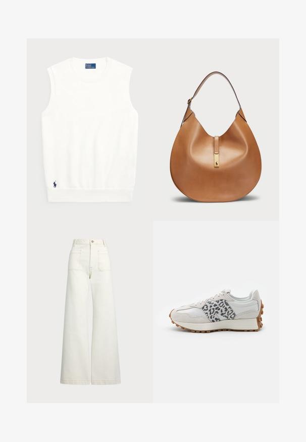 Pulover alb fără mâneci, realizat din bumbac moale, cu un tiv crenelat și un mic logo bleumarin în colțul din stânga jos. Design simplu, fără modele.; Jeans cu picioare late din denim alb-crem. Design cu talie înaltă, cu închidere prin nasture, două buzunare frontale și detalii cu cusături contrastante.; Adidași albi cu accente de imprimeu leopard gri, materiale din suede și piele, talpă texturată cu talpă din cauciuc natural, vârf rotund și design cu șireturi.; Geantă din piele de culoare tan, cu o formă curbată și o curea lată pentru umăr. Se evidențiază printr-un accent metalic auriu în centru și o textură netedă.