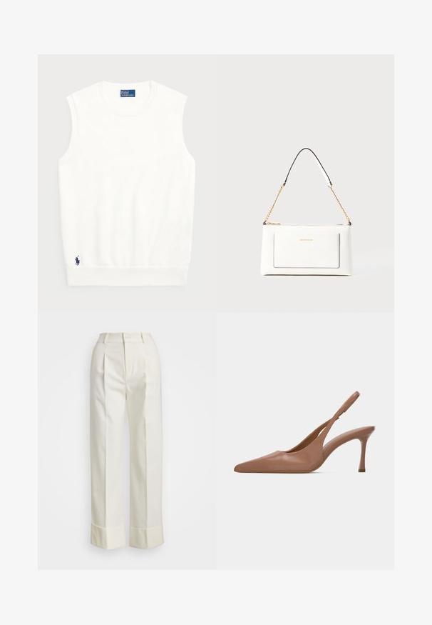 Fehér ujjatlan pulóver sima pamutból, bordás szegéllyel és kis sötétkék logóval a bal alsó részen. Egyszerű dizájn, minta nélkül.; Fehér, szabott nadrág magas derékkal, dupla elülső redőkkel és széles lábakkal, hajtogatott szegésekkel. Simító, textúrált anyagból készült.; Fényes barna, hegyes orrú slingback magassarkú cipő, közép magasságú stiletto sarkával, havas fehér háttérrel.; Fehér bőr kézitáska, texturált felülettel, arany lánccal és fekete részletekkel. Elülső zsebbel és cipzáros zárással rendelkezik.