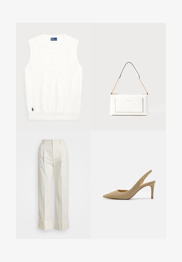 Bílé bezrukávové svetr vyrobený z hladké bavlny, s ribbovaným lemem a malým námořnickým logem ve spodním levém rohu. Jednoduchý design, bez vzorů.; Bílé kalhoty na míru s vysokým pasem, dvojitými předními záhyby a širokými nohavicemi s ohrnutými lemy. Vyrobeny z hladké, strukturované tkaniny.; MICHAEL Michael Kors ALINA FLEX SLING  - Lodičky na vysokém podpatku - pale gold; Bílá kožená kabelka s texturovaným povrchem, zdobená zlatým řetízkem a černými akcenty. Obsahuje přední kapsu a uzavírání na zip.
