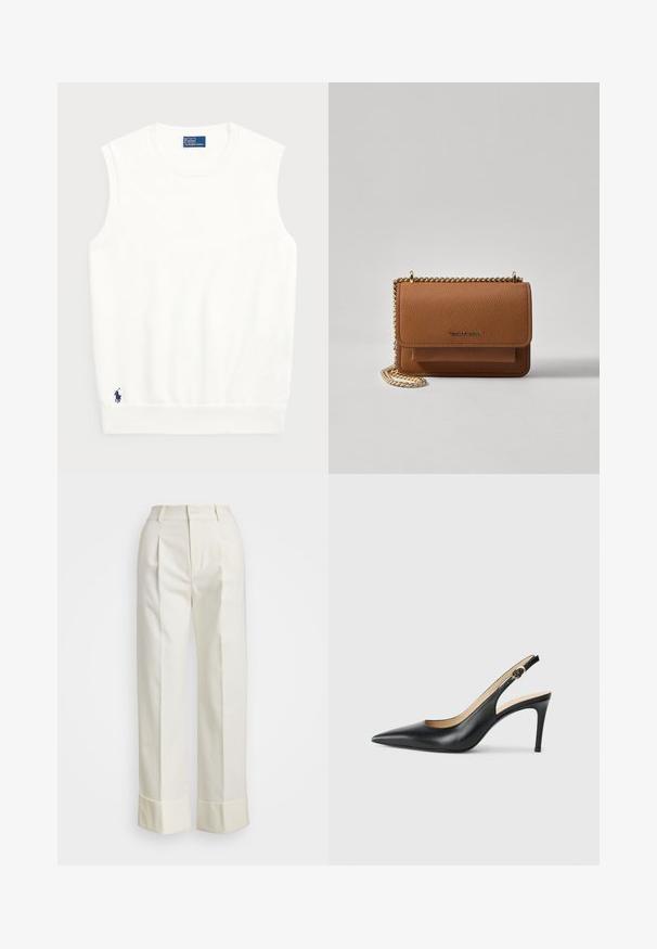 Valge ilma varrukateta kootud sviiter, mis on valmistatud siledast puuvillast, ribitud äärtega ja väikese tumesinise logoga alumises vasakus nurgas. Lihtne disain, ilma mustriteta.; Valged kohandatud püksid, millel on kõrge talje, topeltesine voldid ja laiad sääred volditud äärtega. Valmistatud siledast, tekstureeritud kangast.; Mustad nahast seljataga kõrged kontsad, kellel on terav varvas, reguleeritav rihm ja sujuva viimistlusega stiilne stiletto konts.; Pruun tekstureeritud nahk ristkeha kott kuldse ahelaga rihmaga ja klapiga sulgemine. Esiküljel on logo detail ja tasku klapi all.